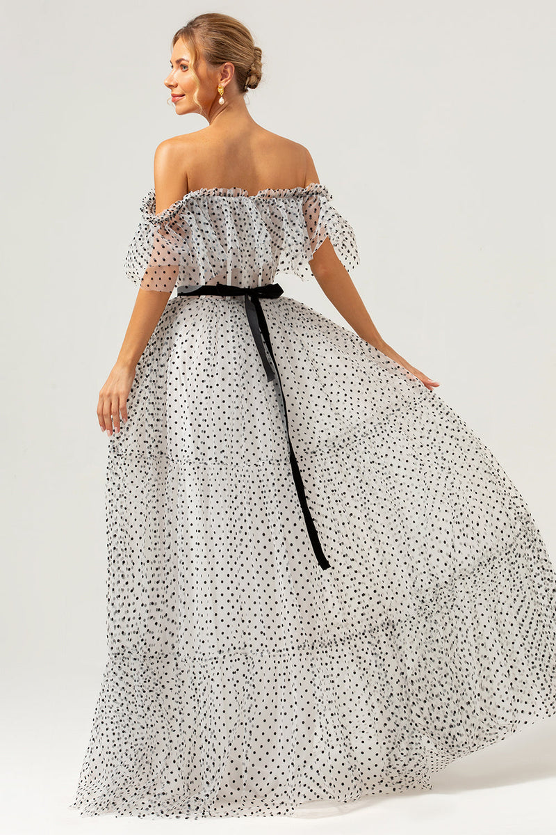 Load image into Gallery viewer, White Black A-Line Off The Shoulder Long Prom Dress with Dot