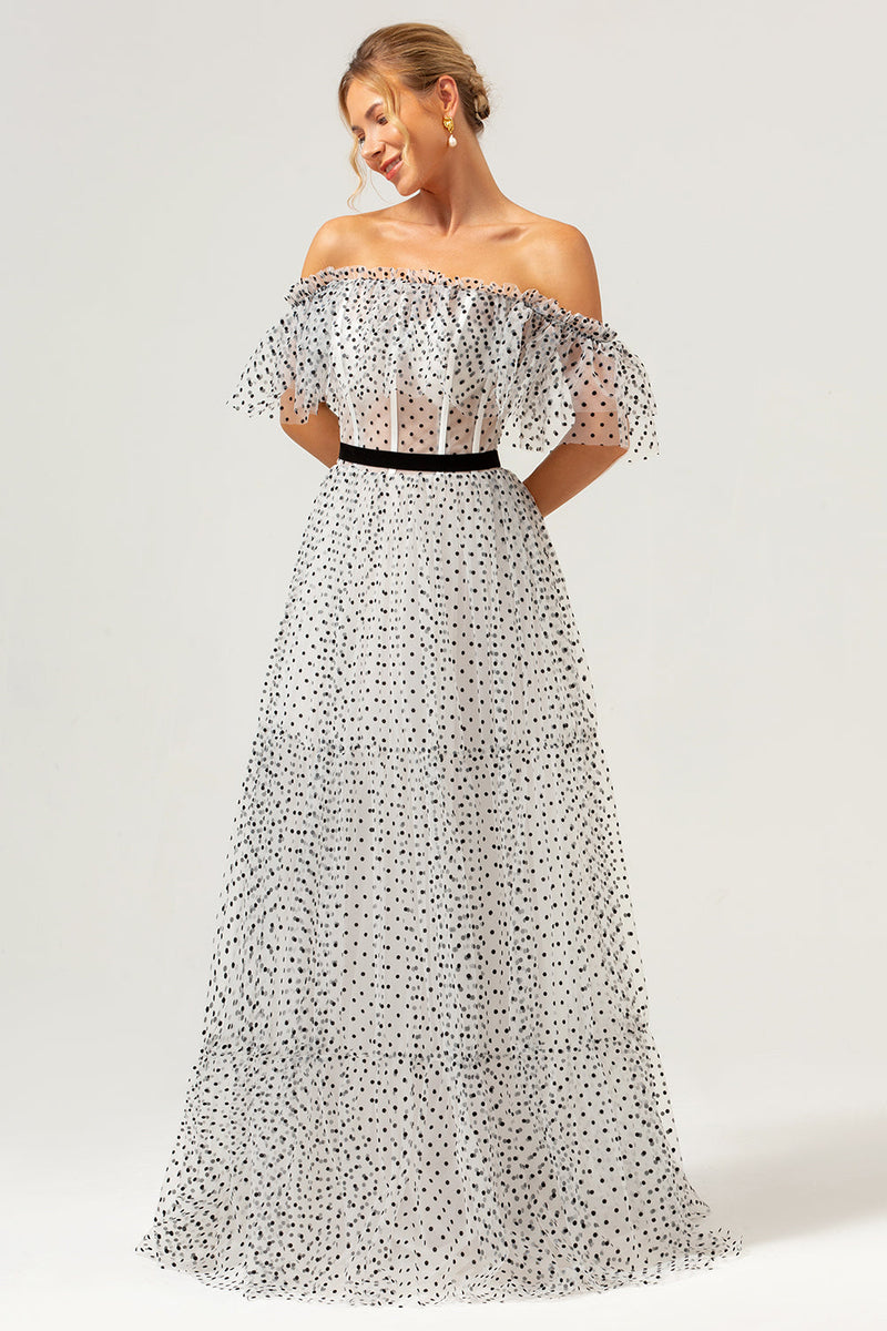 Load image into Gallery viewer, White Black A-Line Off The Shoulder Long Prom Dress with Dot