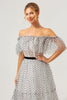 Load image into Gallery viewer, White Black A-Line Off The Shoulder Long Prom Dress with Dot