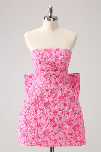 Fuchsia A Line Floral Strapless Short Graduation Dress With Bow