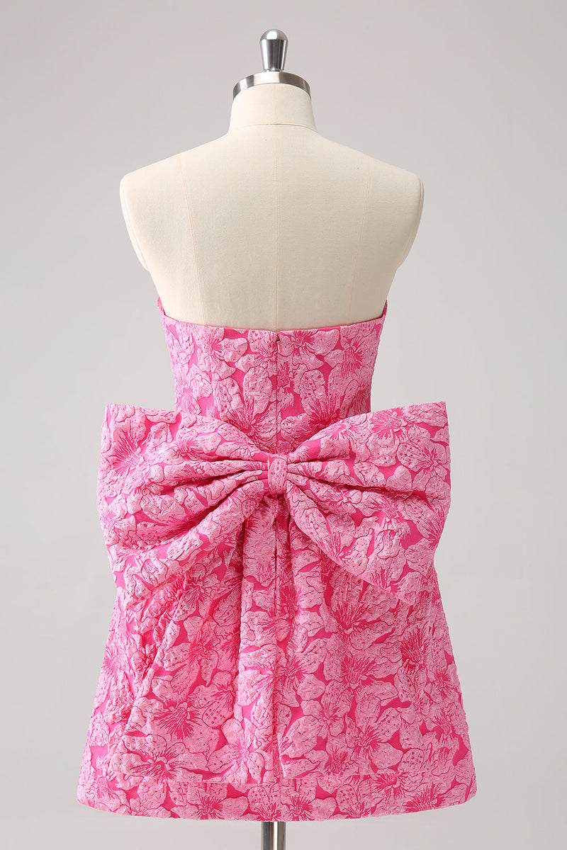 Load image into Gallery viewer, Fuchsia A Line Floral Strapless Short Graduation Dress With Bow