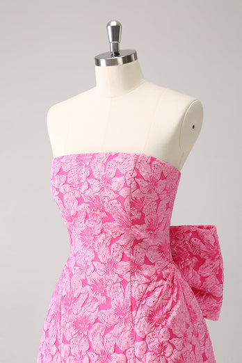 Fuchsia A Line Floral Strapless Short Graduation Dress With Bow