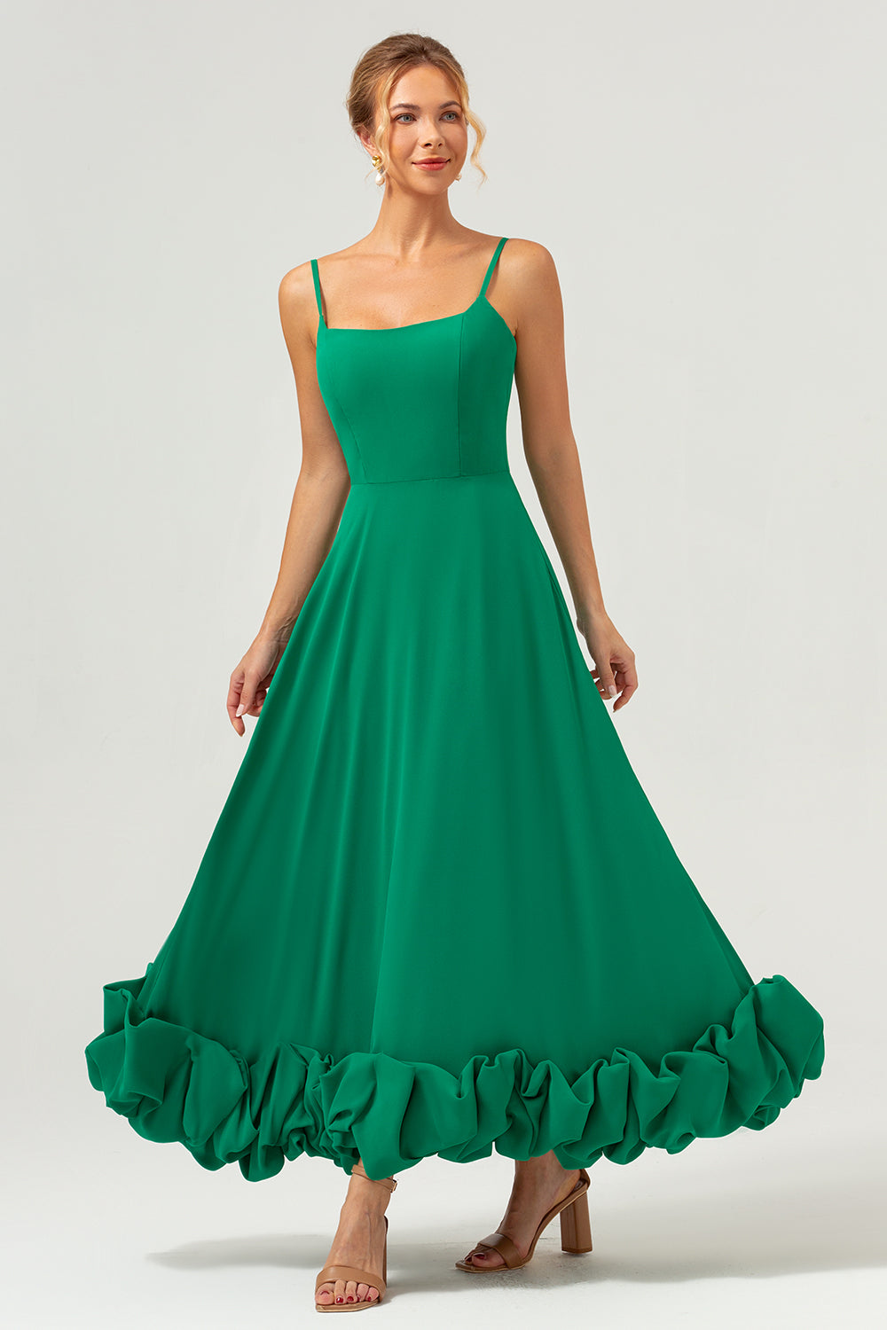 Elegant Green A Line Spaghetti Straps Chiffon Long Bridesmaid Dress