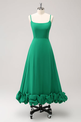 Elegant Green A Line Spaghetti Straps Chiffon Long Bridesmaid Dress