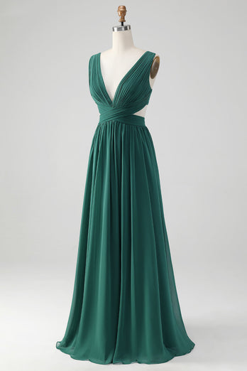 Dark Green A Line V Neck Chiffon Long Bridesmaid Dress with Lace Up Back