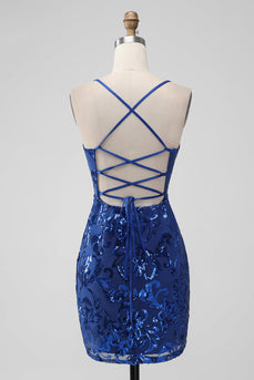 Royal Blue Bodycon Sequins Short Homecoming Dress with Lace-up Back