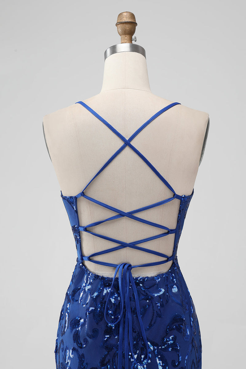 Load image into Gallery viewer, Royal Blue Bodycon Sequins Short Graduation Dress with Lace-up Back