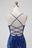 Royal Blue Bodycon Sequins Short Graduation Dress with Lace-up Back