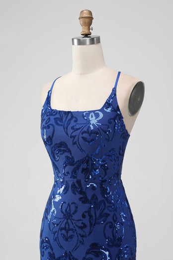 Royal Blue Bodycon Sequins Short Graduation Dress with Lace-up Back