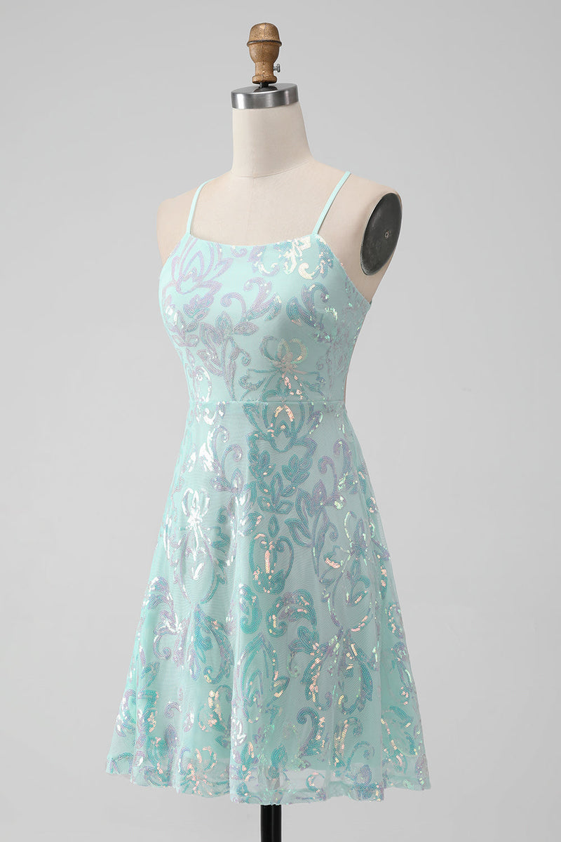 Load image into Gallery viewer, Mint A Line Sequins Short Graduation Dress with Lace-up Back