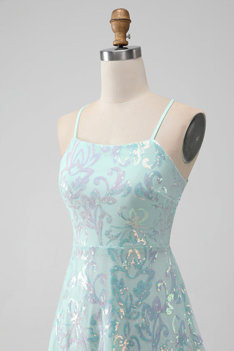 Load image into Gallery viewer, Mint A Line Sequins Short Graduation Dress with Lace-up Back