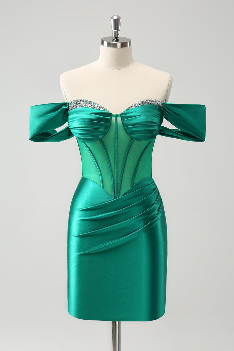 Load image into Gallery viewer, Green Off the Shoulder Satin Tight Graduation Dress with Beading