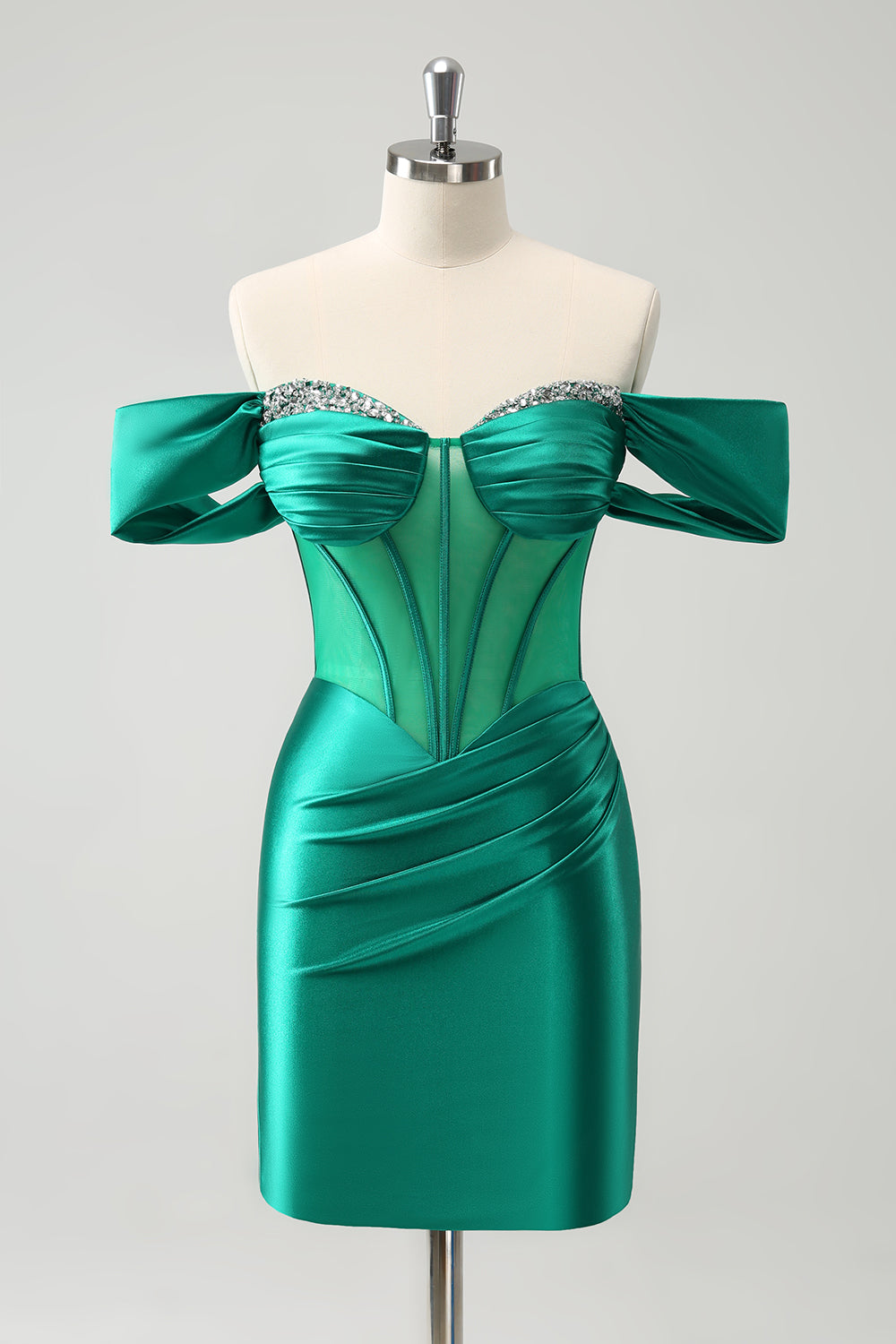 Green Off the Shoulder Satin Tight Graduation Dress with Beading