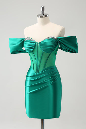 Green Off the Shoulder Satin Tight Graduation Dress with Beading