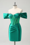Green Off the Shoulder Satin Tight Graduation Dress with Beading