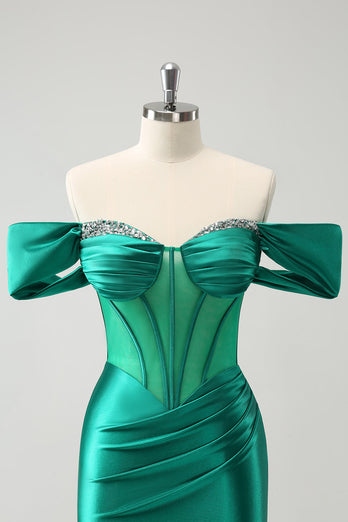 Green Off the Shoulder Satin Tight Graduation Dress with Beading