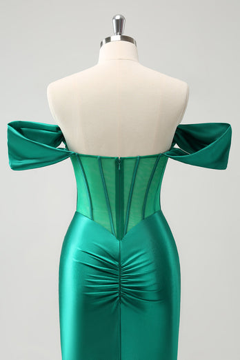 Green Off the Shoulder Satin Tight Graduation Dress with Beading