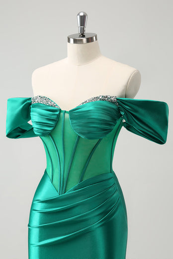 Green Off the Shoulder Satin Tight Graduation Dress with Beading