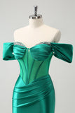 Green Off the Shoulder Satin Tight Graduation Dress with Beading