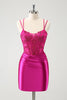 Load image into Gallery viewer, Fuchsia Bodycon Spaghetti Straps Beaded Satin Short Graduation Dress