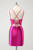 Load image into Gallery viewer, Fuchsia Bodycon Spaghetti Straps Beaded Satin Short Graduation Dress