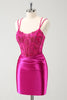 Load image into Gallery viewer, Fuchsia Bodycon Spaghetti Straps Beaded Satin Short Graduation Dress