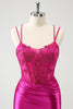 Load image into Gallery viewer, Fuchsia Bodycon Spaghetti Straps Beaded Satin Short Graduation Dress