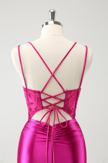 Fuchsia Bodycon Spaghetti Straps Beaded Satin Short Graduation Dress