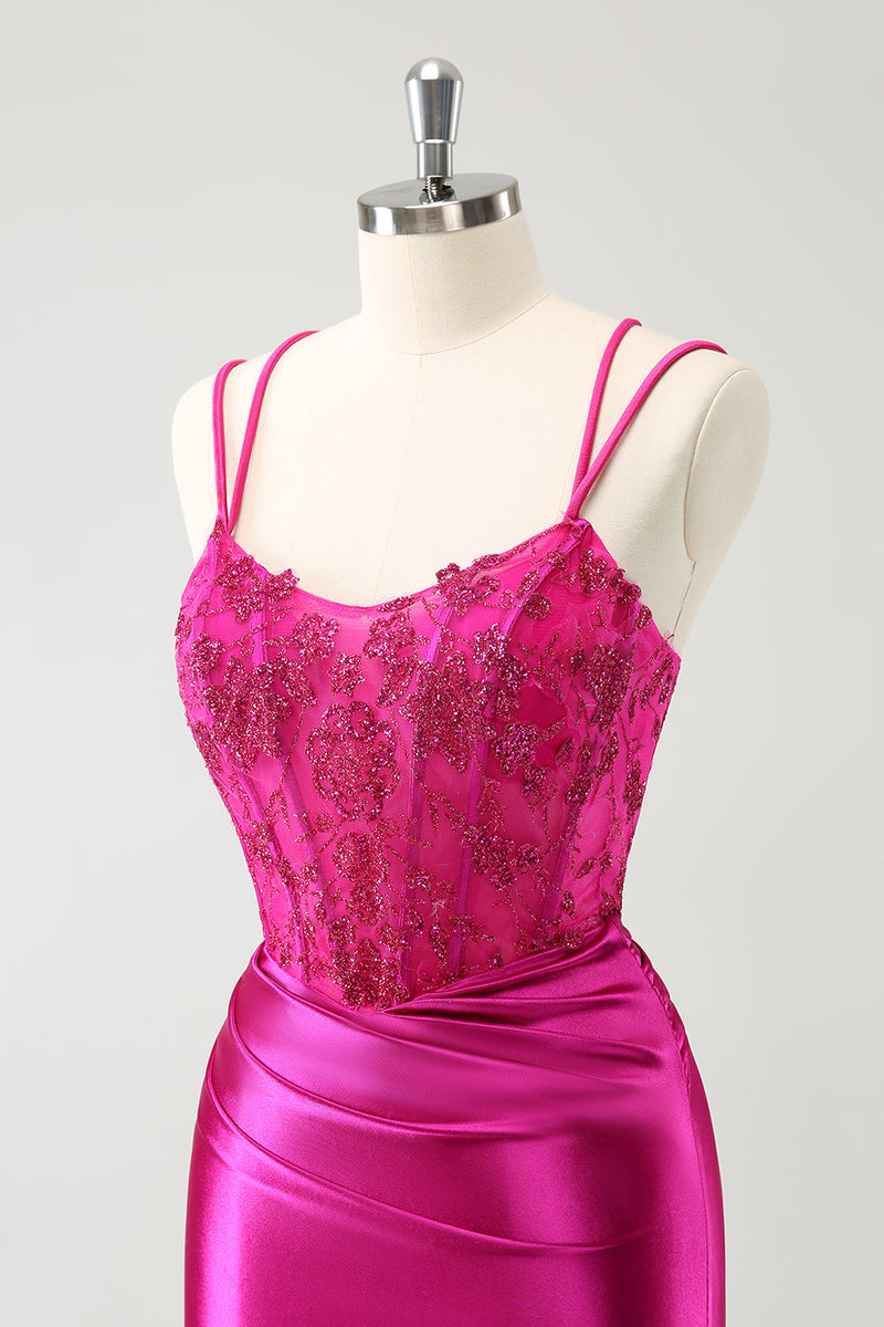 Load image into Gallery viewer, Fuchsia Bodycon Spaghetti Straps Beaded Satin Short Graduation Dress