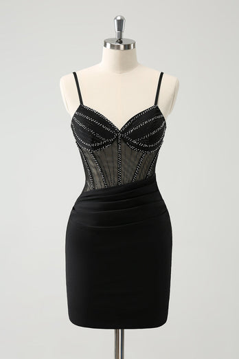 Black Bodycon Spaghetti Straps Corset Short Graduation Dress with Beading