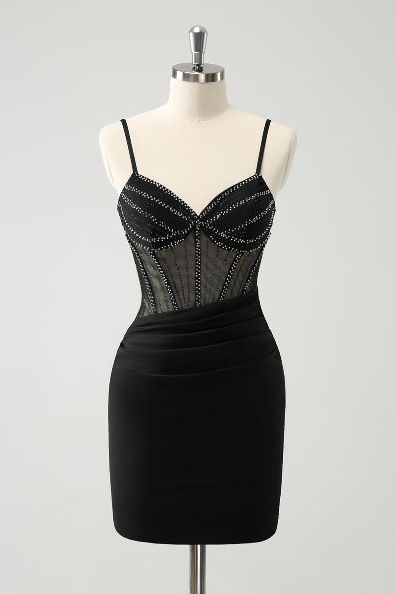 Load image into Gallery viewer, Black Bodycon Spaghetti Straps Corset Short Graduation Dress with Beading