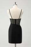 Black Bodycon Spaghetti Straps Corset Short Graduation Dress with Beading