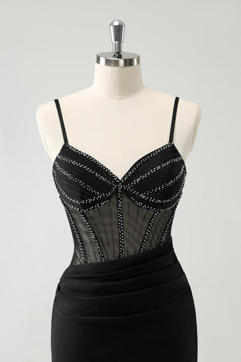 Black Bodycon Spaghetti Straps Corset Short Graduation Dress with Beading