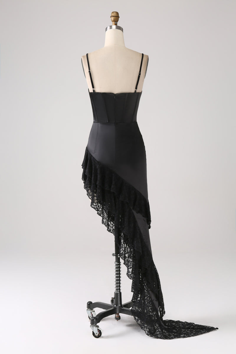 Load image into Gallery viewer, Asymmetrical Black Spaghetti Straps Prom Dress with Ruffles