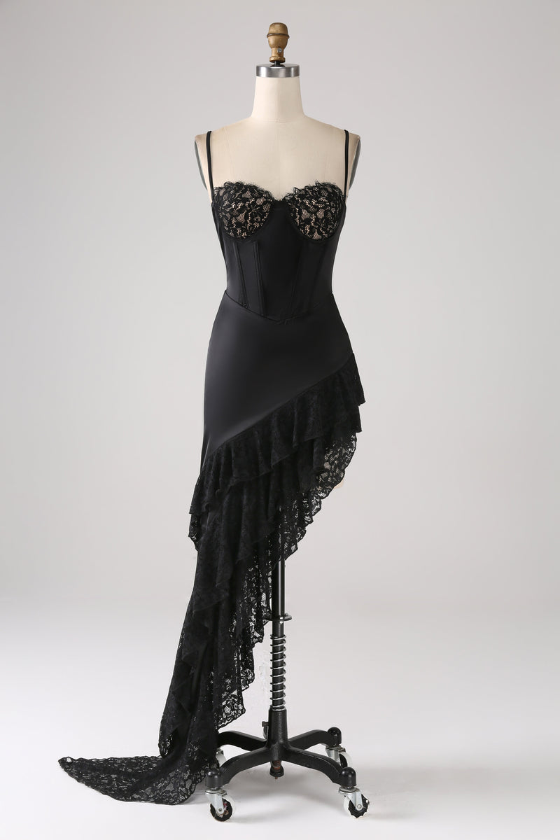 Load image into Gallery viewer, Asymmetrical Black Spaghetti Straps Prom Dress with Ruffles