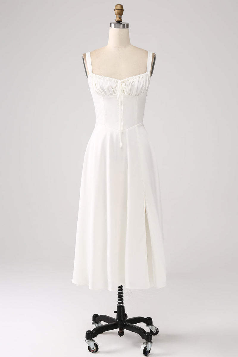 Load image into Gallery viewer, White Midi Graduation Dress with Lace-up Back