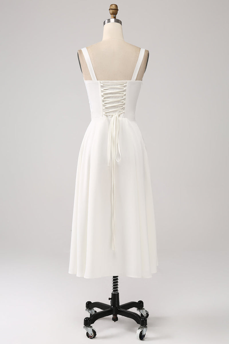 Load image into Gallery viewer, White Midi Graduation Dress with Lace-up Back