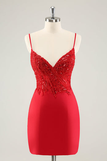 Sparkly Red Bodycon Spaghetti Straps Graduation Dress with Sequins