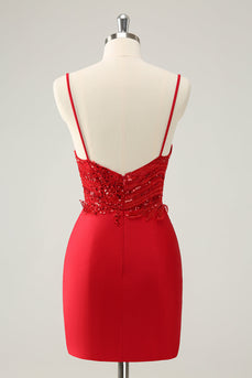 Sparkly Red Bodycon Spaghetti Straps Graduation Dress with Sequins