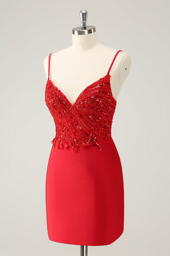 Sparkly Red Bodycon Spaghetti Straps Graduation Dress with Sequins