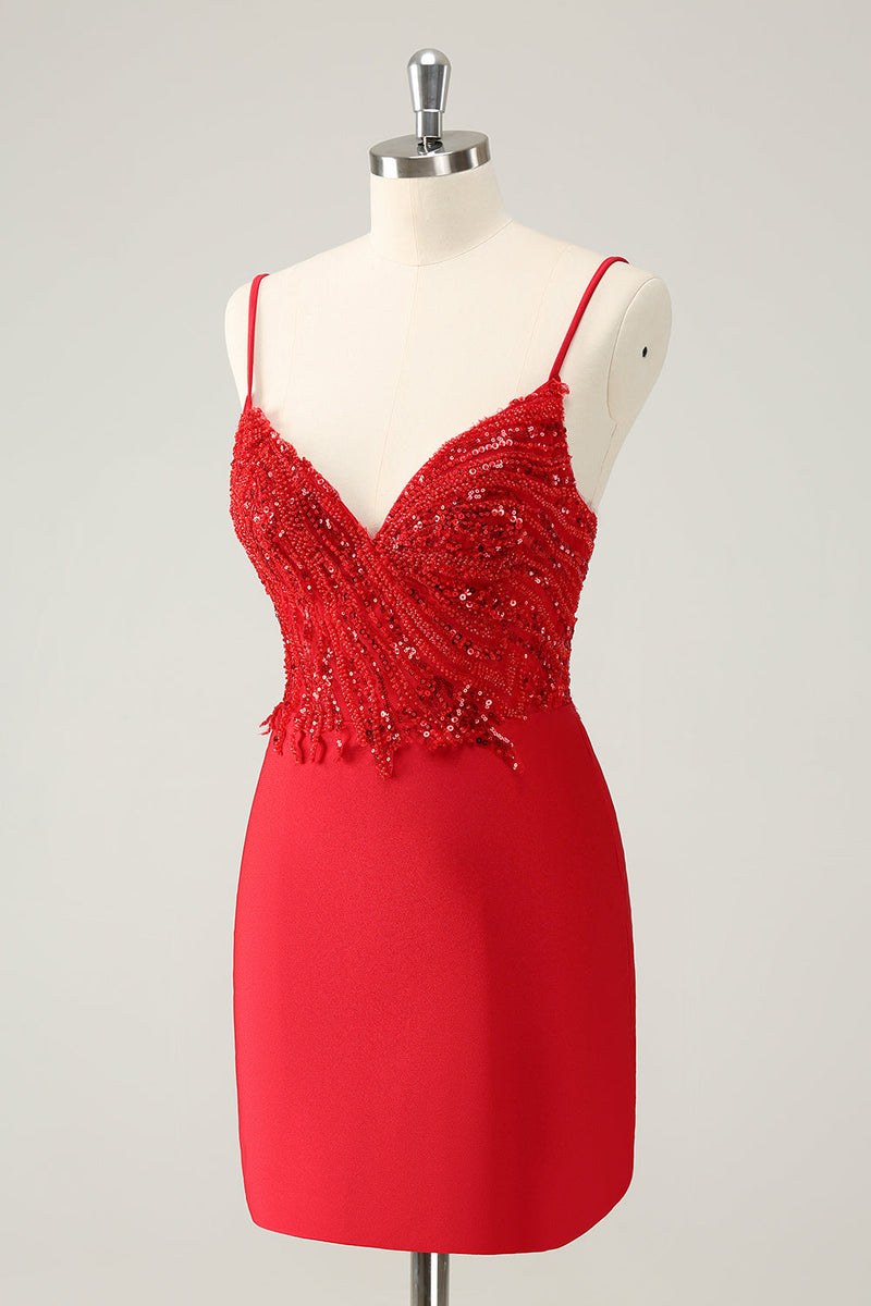 Load image into Gallery viewer, Sparkly Red Bodycon Spaghetti Straps Graduation Dress with Sequins