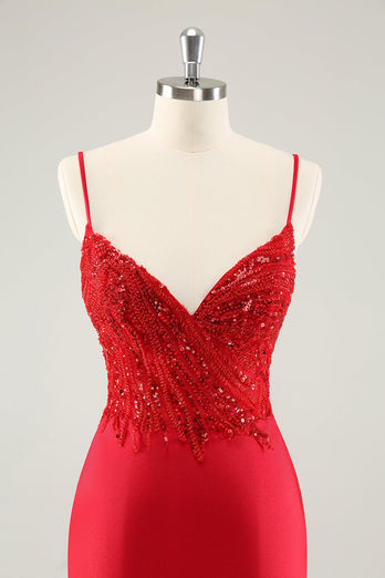 Sparkly Red Bodycon Spaghetti Straps Graduation Dress with Sequins