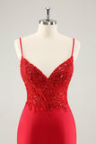 Sparkly Red Bodycon Spaghetti Straps Graduation Dress with Sequins