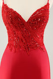 Sparkly Red Bodycon Spaghetti Straps Graduation Dress with Sequins