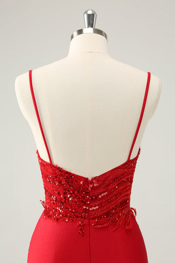 Sparkly Red Bodycon Spaghetti Straps Graduation Dress with Sequins