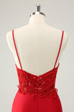 Sparkly Red Bodycon Spaghetti Straps Graduation Dress with Sequins