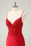 Sparkly Red Bodycon Spaghetti Straps Graduation Dress with Sequins