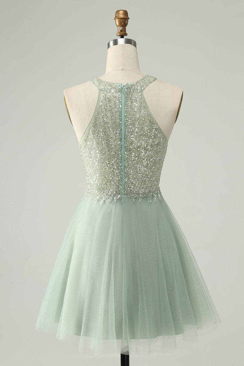 Load image into Gallery viewer, Dusty Green Halter Sequins A Line Graduation Dress