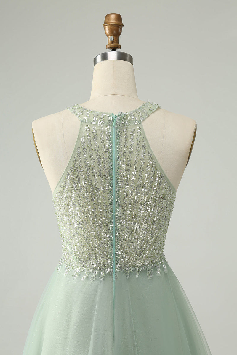 Load image into Gallery viewer, Dusty Green Halter Sequins A Line Graduation Dress
