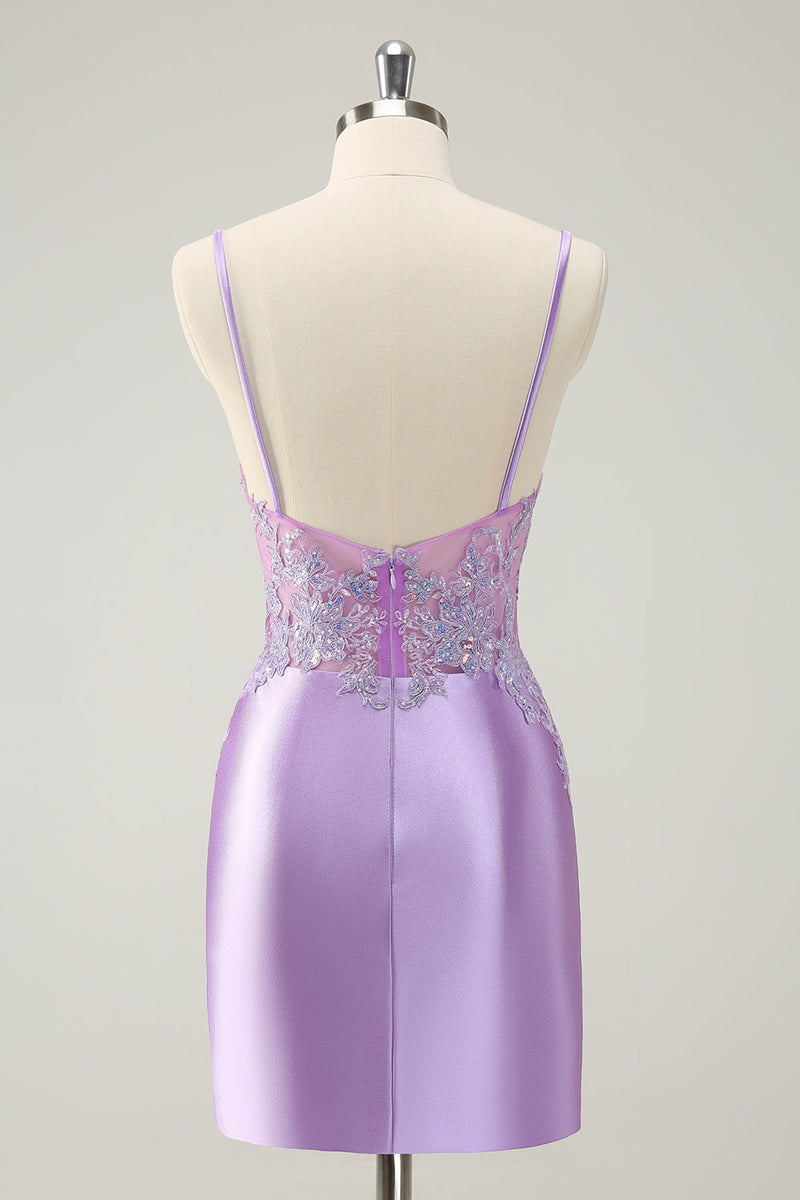 Load image into Gallery viewer, Sparkly Bodycon Lilac Spaghetti Straps Graduation Dress with Sequins